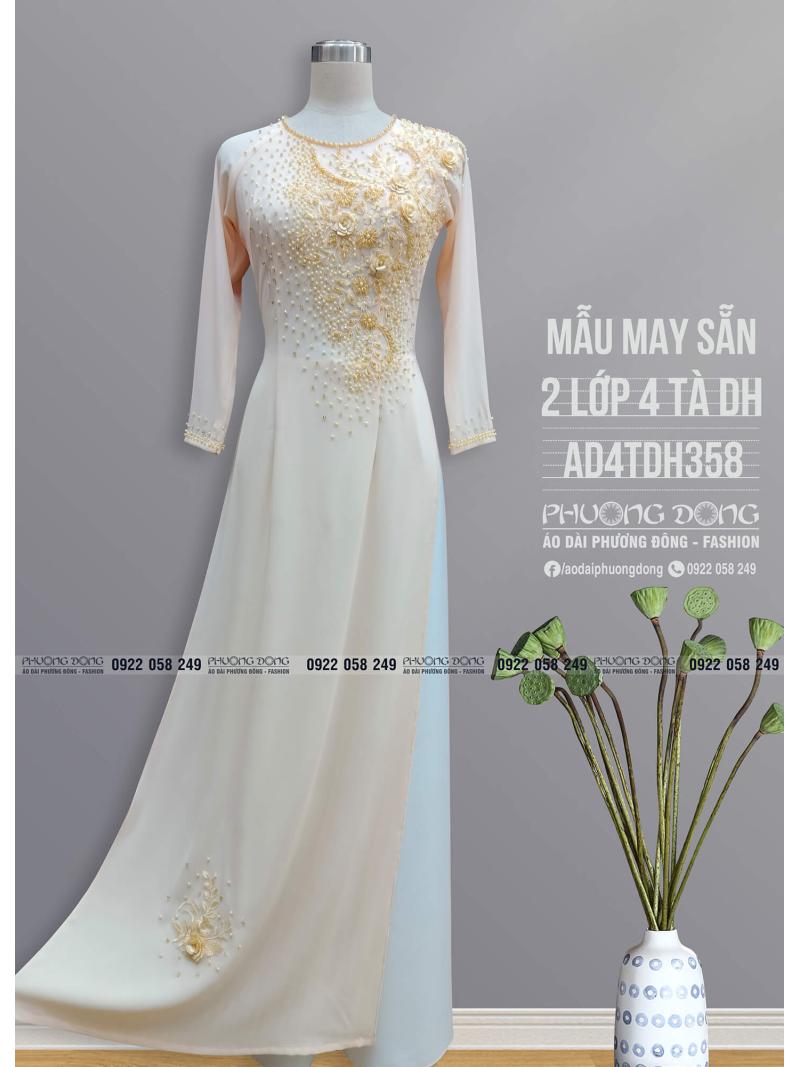 Áo Dài 2 Lớp 4 Tà Kết Ren Cườm Pha Lê AD4TDH358